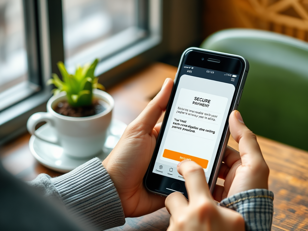 На изображении человек использует смартфон для безопасной онлайн-оплаты. На столе растущее растение и чашка.